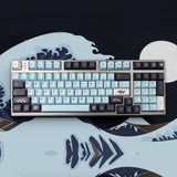 mizu keycaps kit on a keyboard with mizu mouse pad